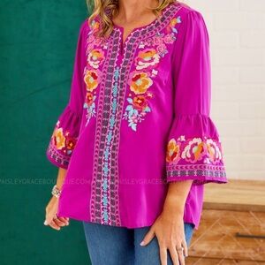 Savanna Jane Embroidered Bell Sleeve Top Blouse 2XL, NWT